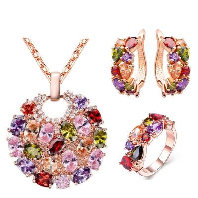 China FASHIONABLE African Jewelry Set Water Drop Crystal Zircon Necklace Jewelry Bridal Colorful Bridal Necklace Set Colorful Zircon Three Piece Set for sale