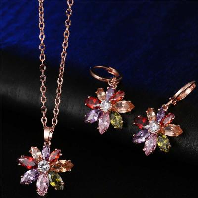 China FASHIONABLE European and American Style Colorful Flower Necklace Set Copper Plated Rose Gold Colored Diamond Earrings Necklace Two Piece Set for sale