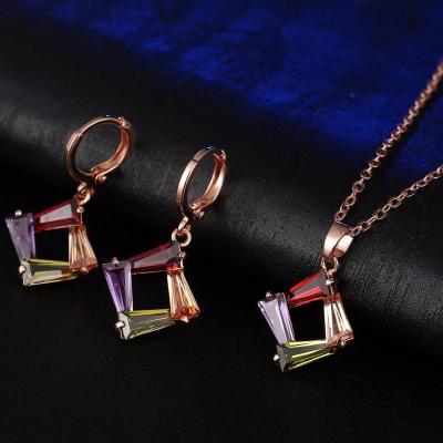 China European and American bridal jewelry FASHIONABLE simple copper golden square zircon necklace earring set crystal jewelry two-piece set for sale