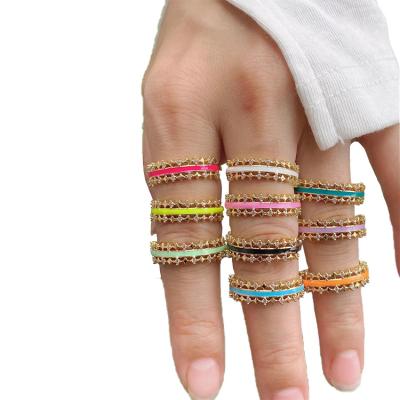 China Trendy Trendy Micro Pave Opening Women Ring Gold Plated Colorful Enamel Bling Crystal Adjustable Copper Zircon Ring for sale