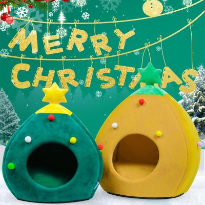 China New 2022 Removable Cover Christmas Tree Hole Nest for Soft Cats and Dogs Pet Cave Tent Beds Indoor Accessories and Christmas Pet Heating Bed for sale