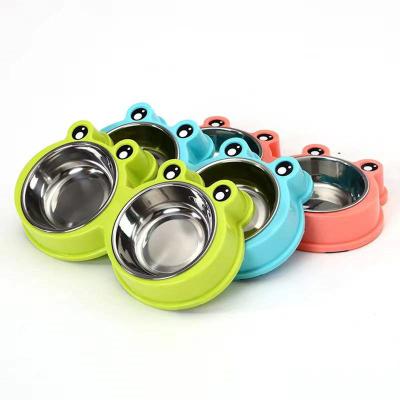 China Viable Wholesale Cat Accessories Pet Driver Cat Non-Slip Puppy and Dog Bowl Two-in-One Double Pet Bowl Stainless Steel Frog Bowl for sale