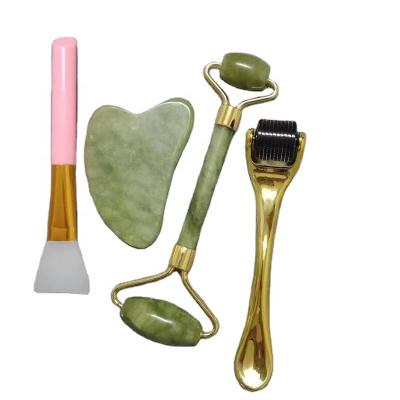 China Face Lift Beauty Facial Jade Roller Gua Sha Set with Silicon Brush and Micro Needle Roller Facial Massager Anti Aging for sale