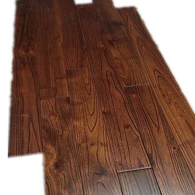 China Dark Brown UV Lacquer/Gloss Wire Brush Teak Indoor Hardwood Flooring for sale