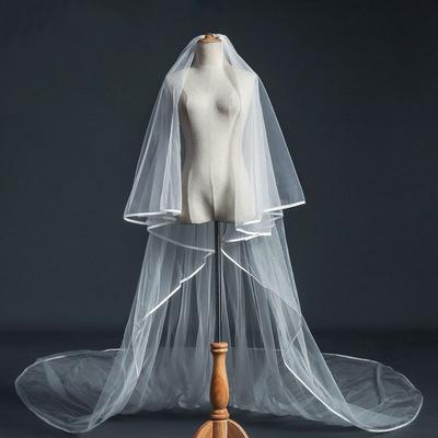 China Jachon Romantic Simple Outdoor Bridal Wedding Veils Ribbon Edge High Quality Bridal Wedding Accessories Long for sale