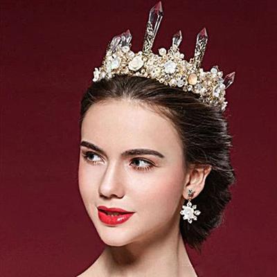 China Jachon style white crystal ornament of crown column crown queen headdress baroque crystal bridal fairy wedding for sale