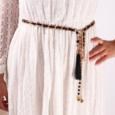 China TRENDY Punk Jachon Leather Belt Black Waist Chain With Tassel Party Body Jewelry Accessories For Women Girls for sale