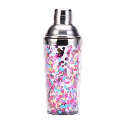 China 2022 New Design Sustainable Double Wall Plastic Cocktail Shaker With Stainless Steel Lid With Colorful Shards For Party Bar Bar for sale