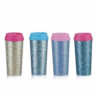 China Double Wall BPA Free Plastic Portable Water Bottle 450ml Double Wall BPA Free Plastic Portable Drinking Party Festival Festival Lid Cute Sustainable Glitter for sale