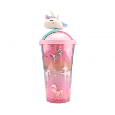 China Cute Cartoon 450ml Unicorn Double Wall Plastic Water Bottle Tumbler With Lid With Straw Custom Color Logo For Party Festival for sale