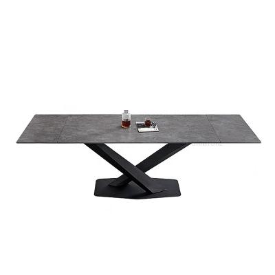 China Black Metal Space Saving Slate Rock Panel Contemporary Stylish Extendable 6 To 8 People Long Top Extendable Dining Table à venda