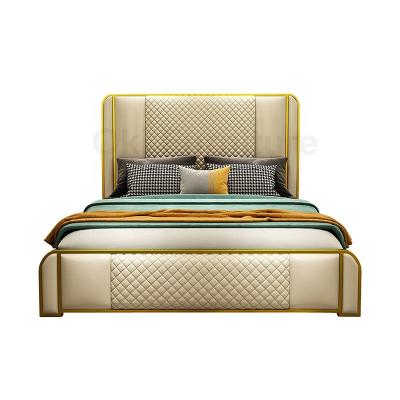 China Modern Luxury Leather Queen Bed Upholstered Hotel Wooden Queen Frame Bed Piece Set Canvas (Other) Luxurious Gold Adjustable Metal for sale