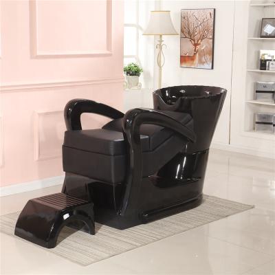 China Large Shampoo Chair Foshan Factory European Styling New Heavy Duty All Black Massage Salon Shampoo Chair Wash Chair Backwash Bowl for sale