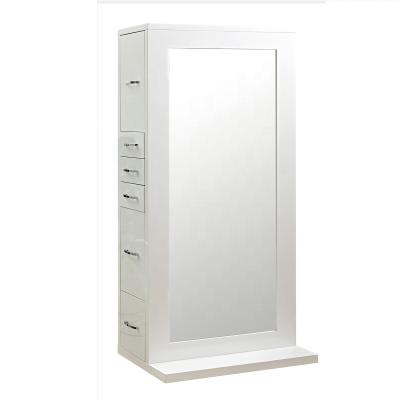 China Foshan Large Factory Lighted White Double Sided Styling Hair Salon Mirror Station With Lights And Drawers for sale