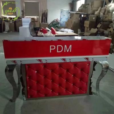 China Foshan large factory metal reception red curved modern living room metal reception desk hot sale cheap unique design for sale