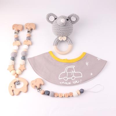 China Handmade 100% Organic Cute Pacifier Chain Cute Elephant Teether Crochet Cotton Baby Gift Teether Set (4pcs/set) for sale