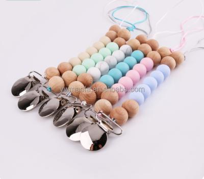 China Wholesales Baby DIY Dummy Wooden Pacifier Clip Handmade Metal Silicone Beads Chain Non-Toxic Baby Teethers for sale