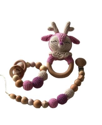 China 100% Eco-friendly Wholesale Wooden Deer Handmade Rattle Crochet Baby Pacifier Clip Bracelet Sets for sale