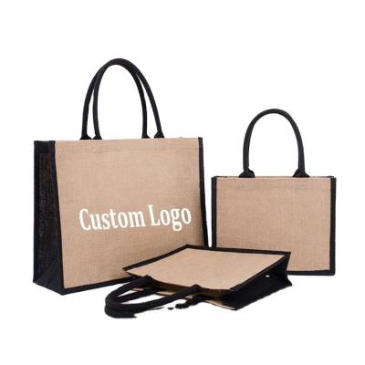 China Reusable Natural Custom Logo Color Burlap Lamination Liner PE Grocery Tote Bags Eco-Friendly Reusable Jute Shopping Bag for sale