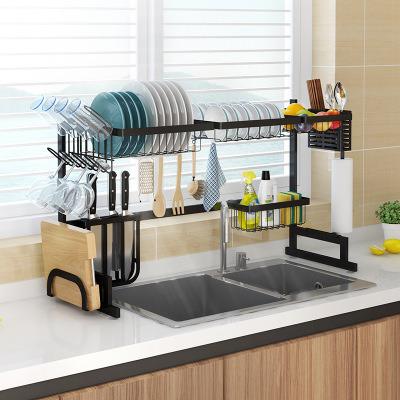 China Eco-friendly Black Color Modern Kitchen 2 Tiers Stainless Steel Dish Drying Rack Dish Storage Shelf Dish Drain Rack for sale