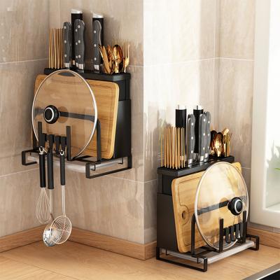 China Multifunctional Standing Type Viable Kitchen Utensil Organizer Storage Metal Lid Cutting Board Knife Drying Rack Rack for sale