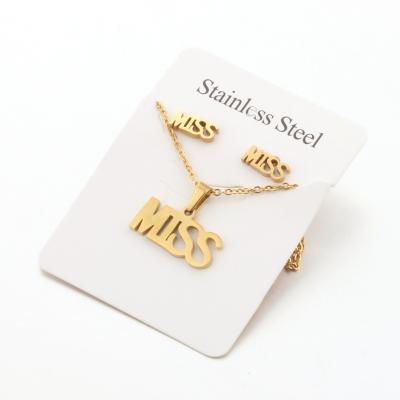 China Vintage Miss Letter Necklace Earrings Stainless Steel Pendant Jewelry Set for sale