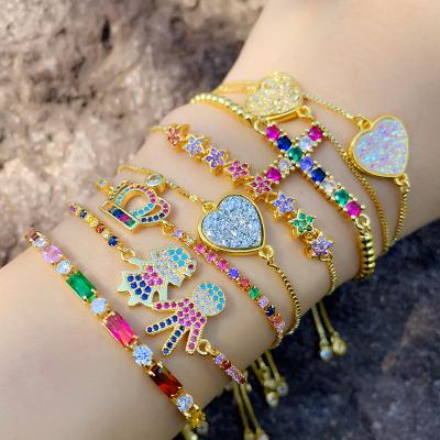 China New Vintage Shining Colorful Zircon Diamond Bangle Peach Heart Cross Crown Bracelet For Women for sale