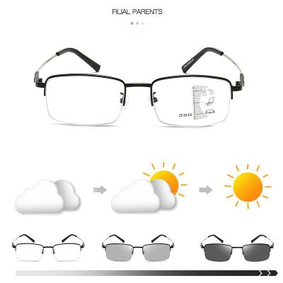 China Metal Photochromic Half Frame Anti Progressive Blue Photochromic Light Reading Glass Readers For Men for sale