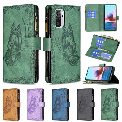 China Anti-fall Butterfly PU Book Case Card Slots Zipper Embossing Leather Note 10 10T 9A 9C 9i K30 9s 9 Pro Flip Cover Case For Redmi 9T K40 for sale