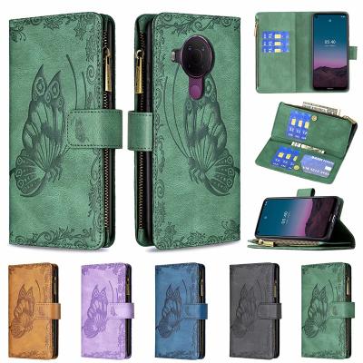 China Parchute Embossed Clover Wallet Butterfly Pattern Card Slot With Zipper Phone Cases For Nokia G10 C10 G20 X10 1.3 1.4 2.4 3.4 5.4 for sale