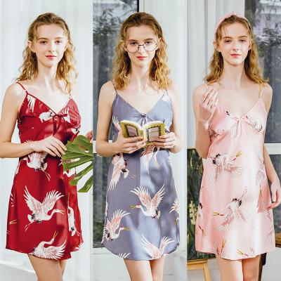 China Sexy Elegant Summer Sleepwear Women QUICK DRY Slip Washable Printed Silk Satin Ice Pajamas Nightgown Ladies Nightgown for sale