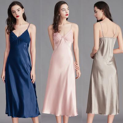 China Elegant sexy high quality QUICK DRY plus size sling women pajamas summer ladies long ice silk night dress for sale