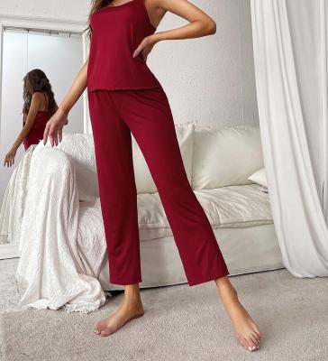 China OEM/ODM QUICK DRY Custom Halter Backless Long Pants Spring And Summer Silk Satin Pajamas Two Piece Set for sale