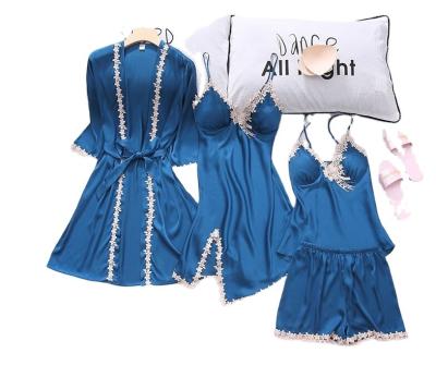 China QUICK DRY Custom Made Silk Pajamas Women's Lace Robe Four-Piece Long Robe Set OEM/ODM 19 22 Momme Set For Home for sale