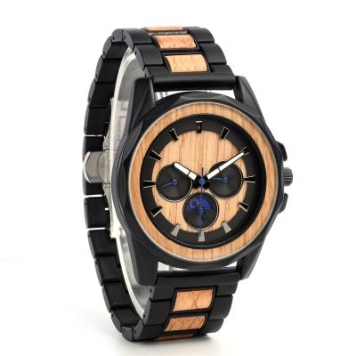 China Men Wood Watch Chronograph Calendar Moon Phase Watch Wooden Luxury Stainless Steel Wristwatches for sale