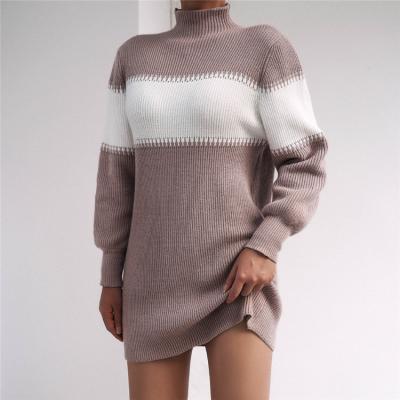 China Autumn Patchwork Sweater Women Casual Elastic Knitted Sweater Dress Long Sleeve Knit Dresses for sale