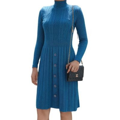 China Fashion Twisted Turtle Neck Knitted Sweater Dress Women Autumn Winter Pleated Dresses for sale