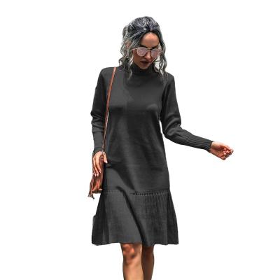 China Anti-wrinkle Women Elegant Solid Sweater Dress Long Sleeve Pleated Dress Autumn Winter Knitted Dress for sale