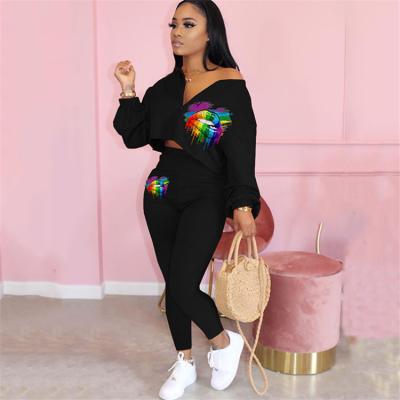 China Spring and Autumn Lip Print Casual Women's Suit Hoodies Sweatshirt + Pants 2 Piece Set for sale