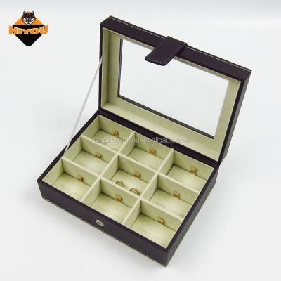 China With Closer High Quality Faux Leather Cufflink Lid And Window Magnet Jewelry Case Box In Square Shape With Lid And Window Edge Stitching for sale