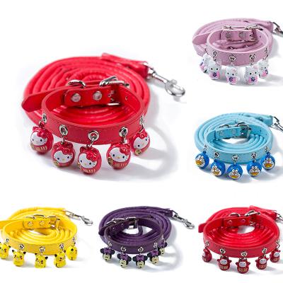 China JEWELED PU Pet Climbing Rope Factory Direct Sales Cat Collar Leather Dog Leash Belt Set With Cartoon Bell for sale