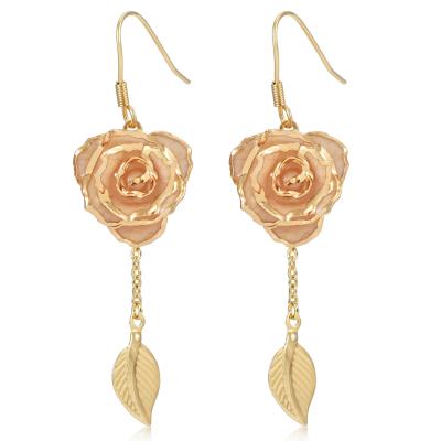 China Alloy and Real Rose Rose Earrings 24k Gold Dipped Roses Gifts Valentines Day Holiday Eternal Flowers for sale