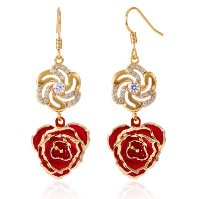 China Alloy And Real Rose 24k Gold Trimmed Rose Earrings Gifts Plated Flowers for sale