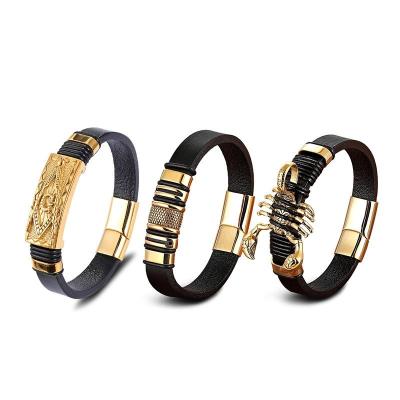 China Logo Bracelet Jewelry Mens Custom Casual/Sporty Gold Plated Stainless Steel Bracelet Wrap Bracelet Scorpion Leather Black Bracelet for sale