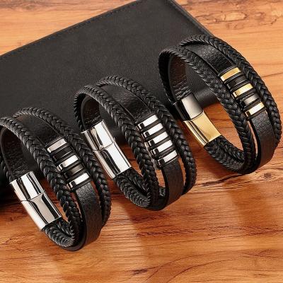 China 2022 casual/sports new 3 layers bracelet jewelry to engrave men's leather bracelets and genuine stainless steel magnetic buckle braided bracelet for sale