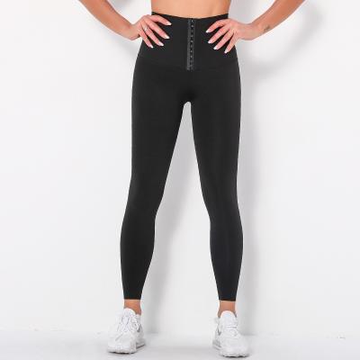 China Super-high waist row button abdominal fitness pants women wear row button body yoga pants tight stretch running pants for sale