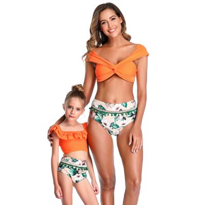 China New Summer Breathable Swimsuit Girl Mommy And Me Orange And Floral Print Bikini Parent-child Bathsuits Two-piece Swimwear for sale