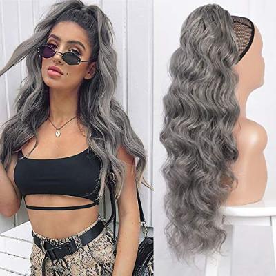 China Gray Synthetic Hair Ponytail Wholesale Body Wave Wavy Machine Made Fiber Heat Resistant Wigs Cheap Body Extension Wigs For Women Girls for sale