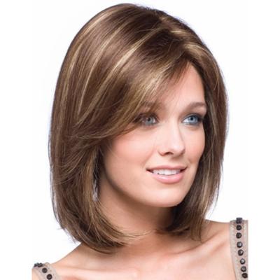 China Natural Looking Short Hair Wigs With Bangs Dark Brown Mixed Blonde Pixie Cut Wig For Women Synthetic Fiber Straight Wigs for sale