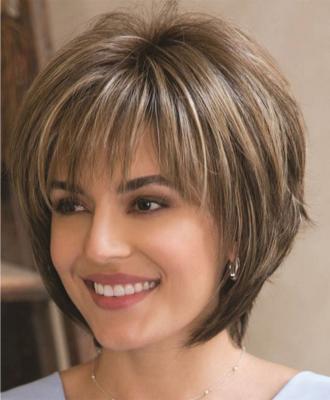 China Wholesale Natural Looking Short Bob Pixie Cut Synthetic Hair Wigs Straight With Highlights Dark Brown Mixed Blonde Wig Bangs Fiber Wigs for sale